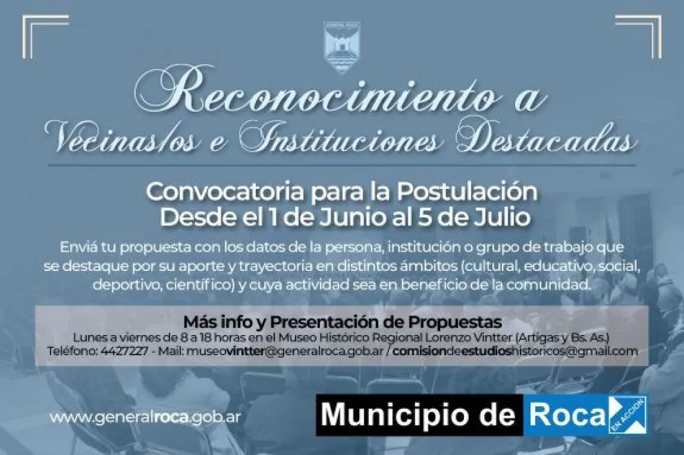 Se encuentra abierta la convocatoria para vecinos e instituciones destacadas de Roca