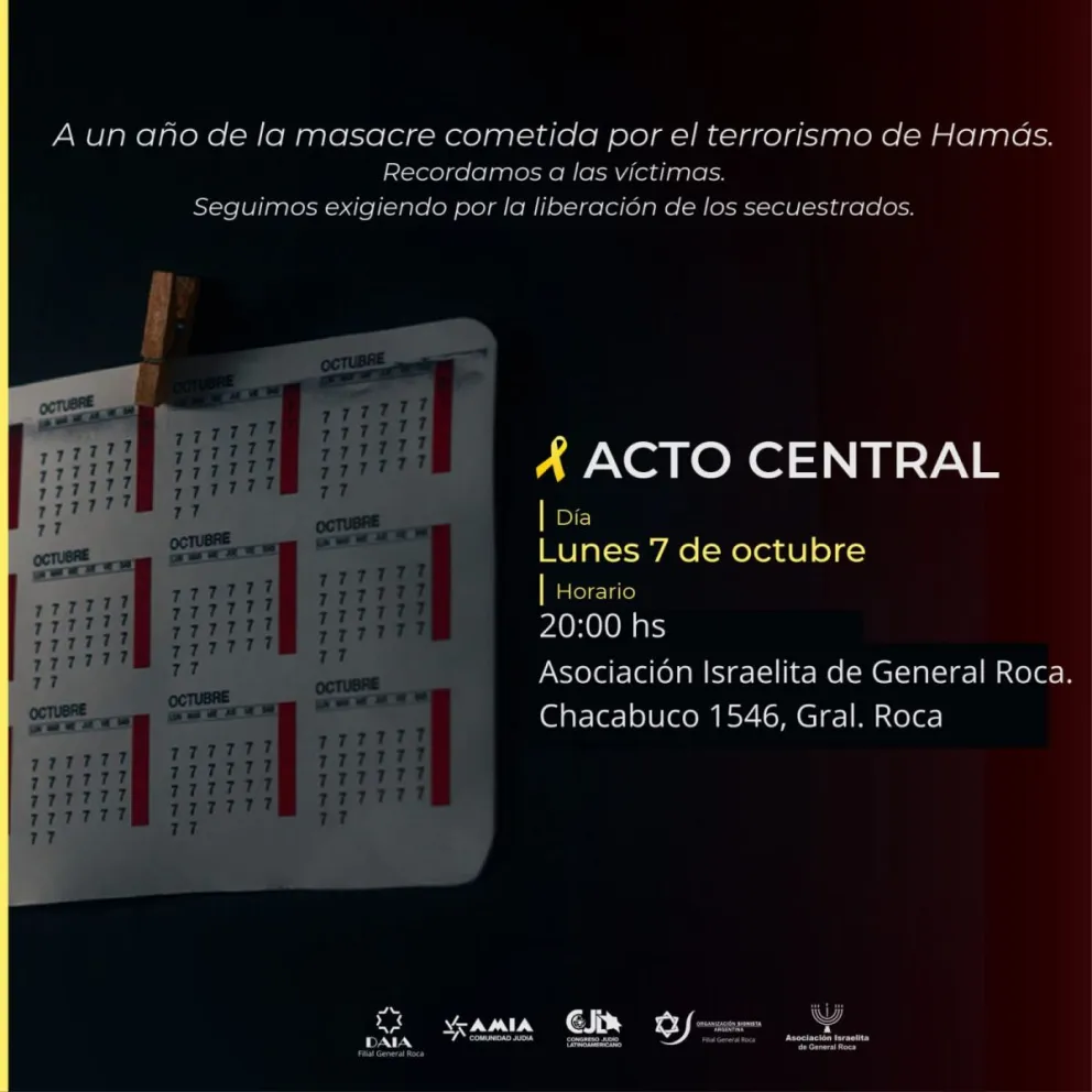 Realizarán un acto en Roca para conmemorar a las victimas del ataque de Hamas