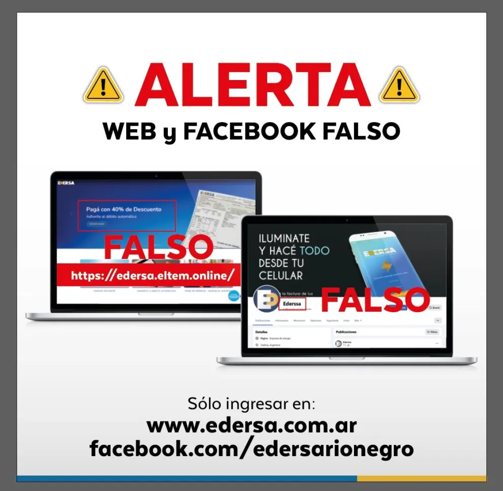 Los url clonados:  La Web clonada es edersa.eltem.online , y la red social es Ederssa, con dos “s”. Foto (Edersa).