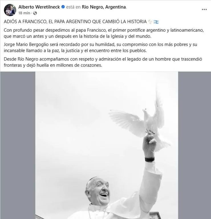 El Gobernador de Río Negro manifestó su dolor por la muerte del Papa Francisco. Foto (Gentileza).