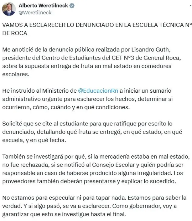 El gobernador Weretilneck poste&oacute; en X que se realiza una investigaci&oacute;n. Foto (X)
