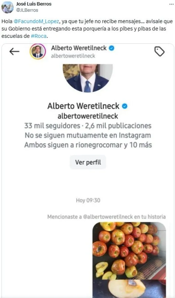 El legislador Berros cuestion&oacute; la calidad de los alimentos. Foto (X).