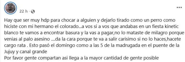 Denunci&oacute; en redes el choque del que fue v&iacute;ctima el hermano. Foto (Facebook).