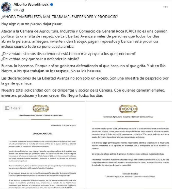 De este modo el Gobernador defendi&oacute; a la CAIC. Foto (Facebook Weretilneck).