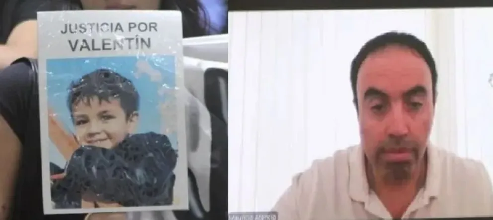 A la izquierda, una imagen de Valentín Mercado Toledo sostenida por sus familiares durante una movilización. A la derecha, Mauricio Atencio Krause, anestesista imputado. Foto (Tania Domenicucci-ANR).