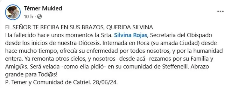 T&eacute;mer Mukled, Padre de Catriel, despidi&oacute; a Silvina. Foto (Facebook).