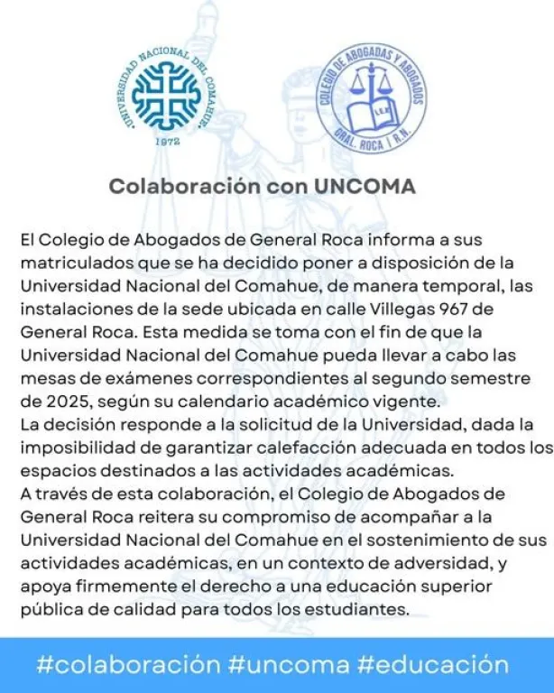 El Colegio de Abogados de Roca prestar&aacute; su edificio a la Fadecs para examenes. Foto (Facebook).