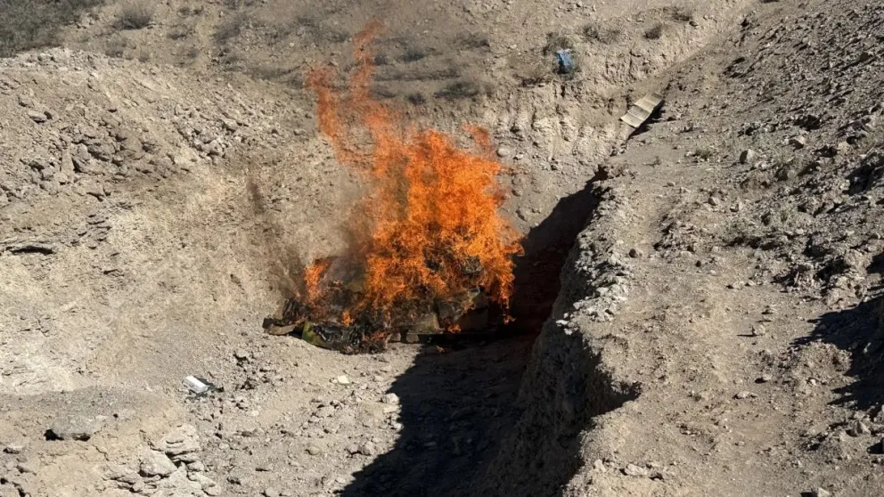 Las plantas y paquetes de marihuana incinerados esta mañana en una zanja del Parque Industrial II de Roca. (Foto: Ministerio de Seguridad y Justicia– Gobierno de Río Negro)