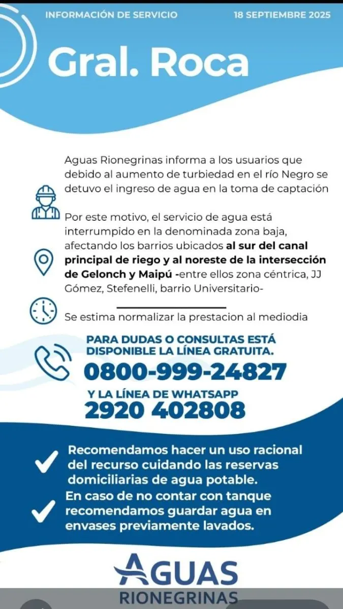 Por turbiedad en el r&iacute;o Negro, est&aacute; cortada el agua. 