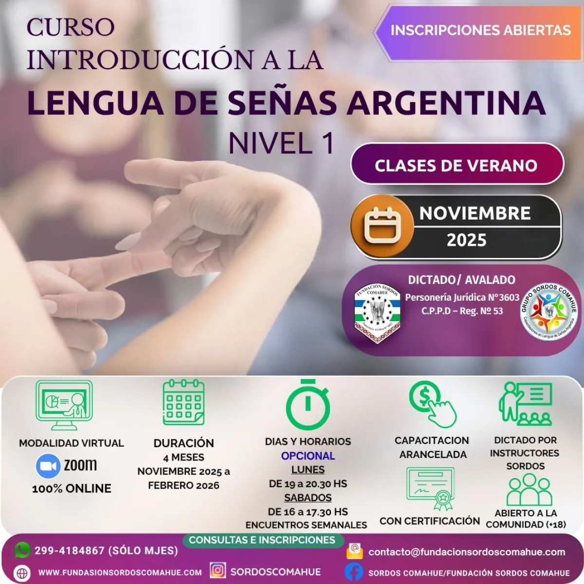 Curso &ldquo;Introducci&oacute;n a la Lengua de Se&ntilde;as Argentina, nivel 1&rdquo;. Las inscripciones est&aacute;n abiertas para noviembre 2025. Foto: Sordos Comahue