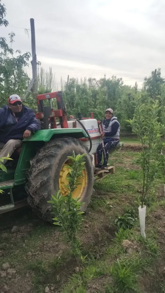 trabajadora rural del Alto Valle, durante una jornada de aplicación de herbicida en una chacra. Foto: Sergio Alarcón