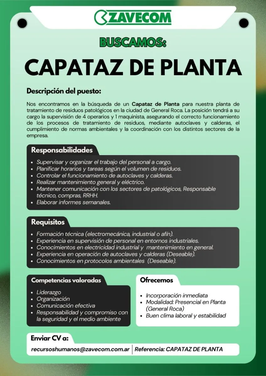 Zavecom lanz&oacute; una convocatoria laboral para cubrir el puesto de capataz de planta en su sede de General Roca. Foto: Zavecom