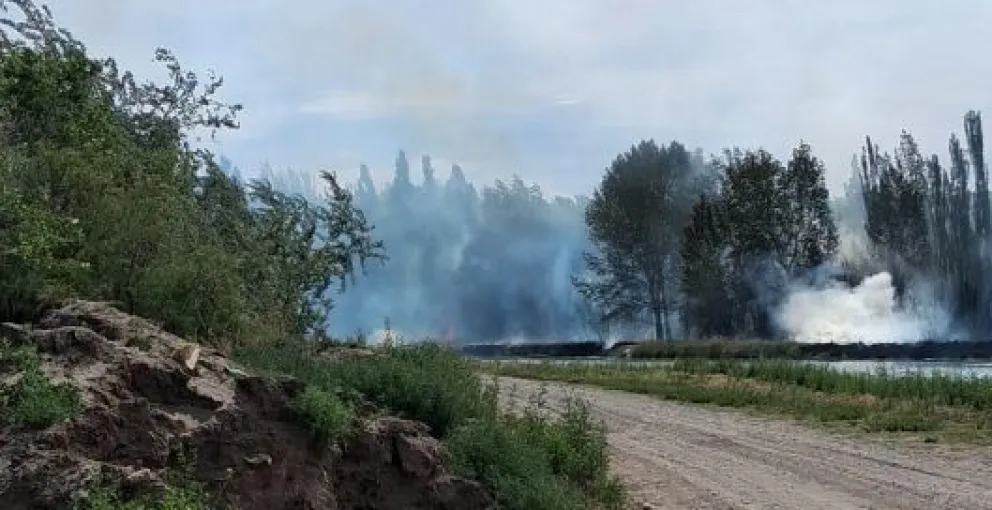 El humo del incendio en la orilla del canal Grande llegó hasta el CEM 111 de J. J. Gómez. Bomberos trabajan en el lugar. Foto: gentileza.