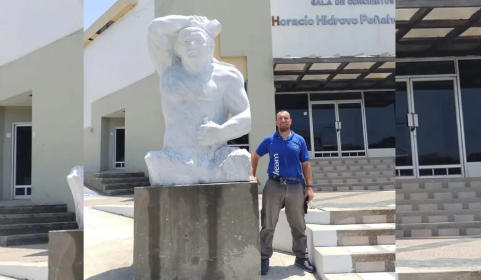 El escultor Néstor Confalonieri trabajó en Ecuador en “Renacer: Eterno aprendiz”, una obra en mármol de Carrara de 4,24 toneladas que simboliza la fuerza interior y la superación personal. Foto gentileza. 