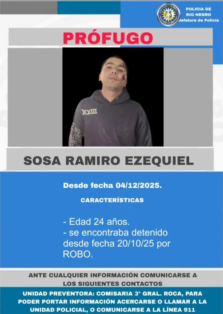Ramiro Ezequiel Sosa, todav&iacute;a est&aacute; siendo buscado. Foto: Polic&iacute;a de R&iacute;o Negro.