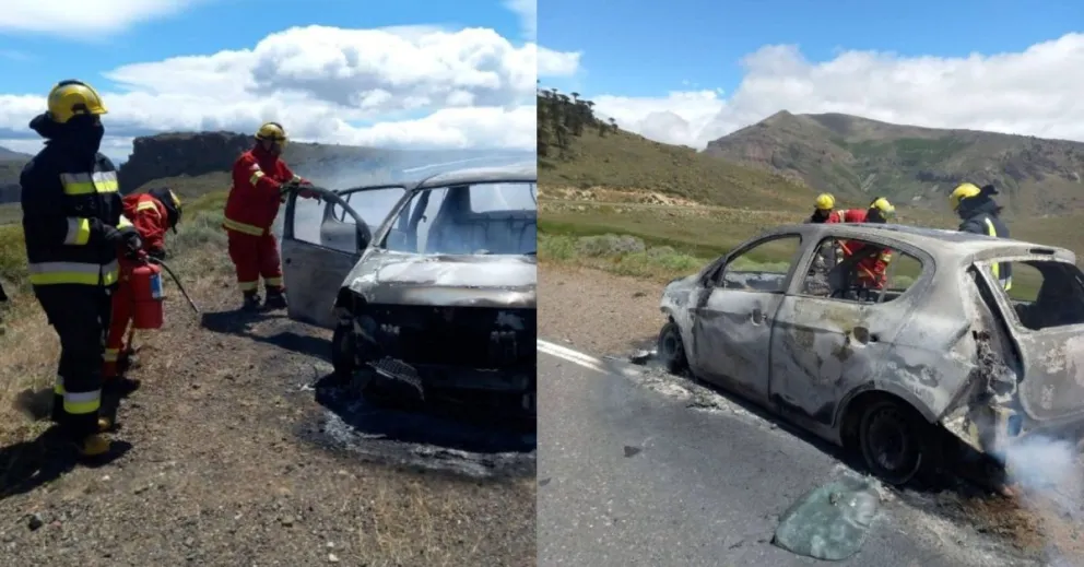 El Fiat Palio quedó completamente destruido por el incendio. Una familia de Roca viajaba rumbo a Chile por la Ruta 242. Foto: gentileza Neuquén en noticias.