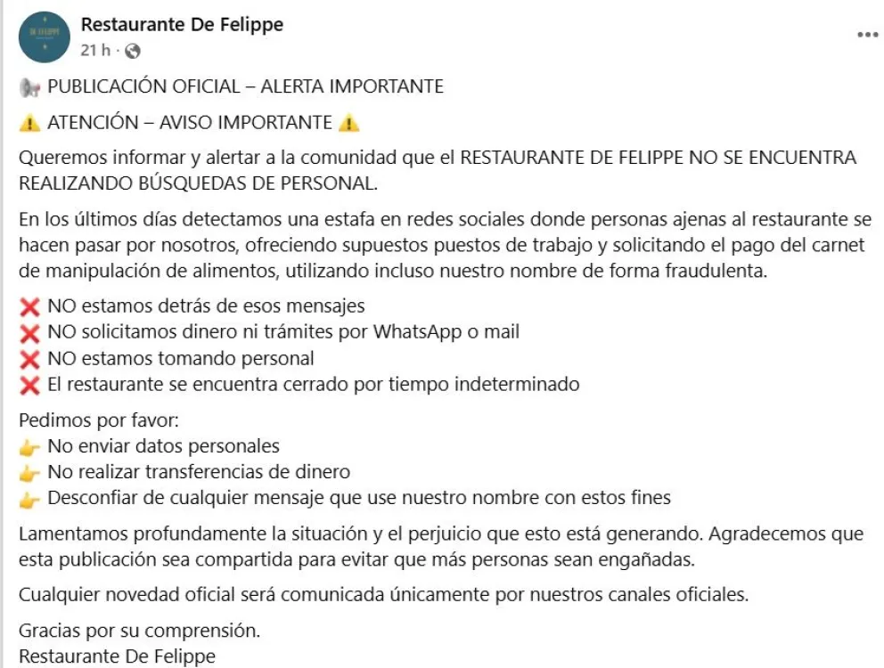 Usan el nombre del tradicional restaurante De Felippe para tratar de estafar. Foto (Facebook)