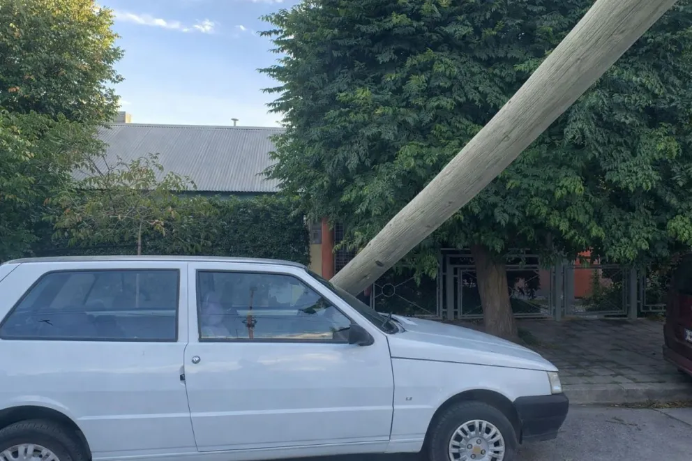 Un poste de alumbrado quedó a centímetros de un auto estacionado en el barrio San Cayetano tras las fuertes ráfagas de viento del martes. Foto: gentileza lector ANR