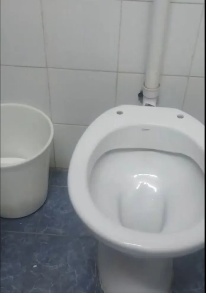 Una de las capturas del video muestra un inodoro sin tapa en uno de los baños de uso público del edificio municipal de Roca. Foto: gentileza.