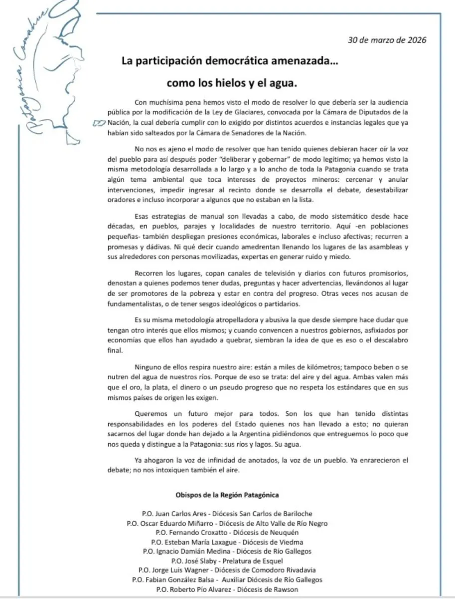 El mensaje de los Obispos pone de relieve la gravedad del proyecto de reforma. Foto: Obispos de la Patagonia