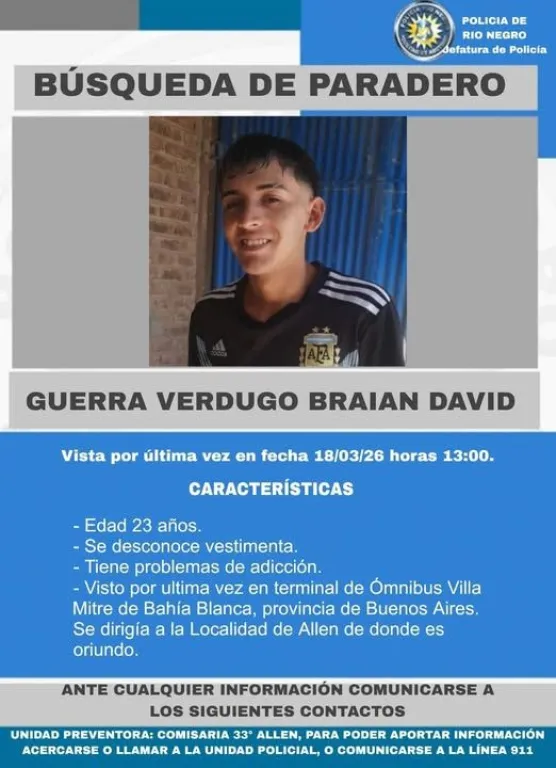La Polic&iacute;a de R&iacute;o Negro difundi&oacute; la b&uacute;squeda de Braian Guerra Verdugo, visto por &uacute;ltima vez el 18 de marzo en Bah&iacute;a Blanca. Foto: Polic&iacute;a de R&iacute;o Negro