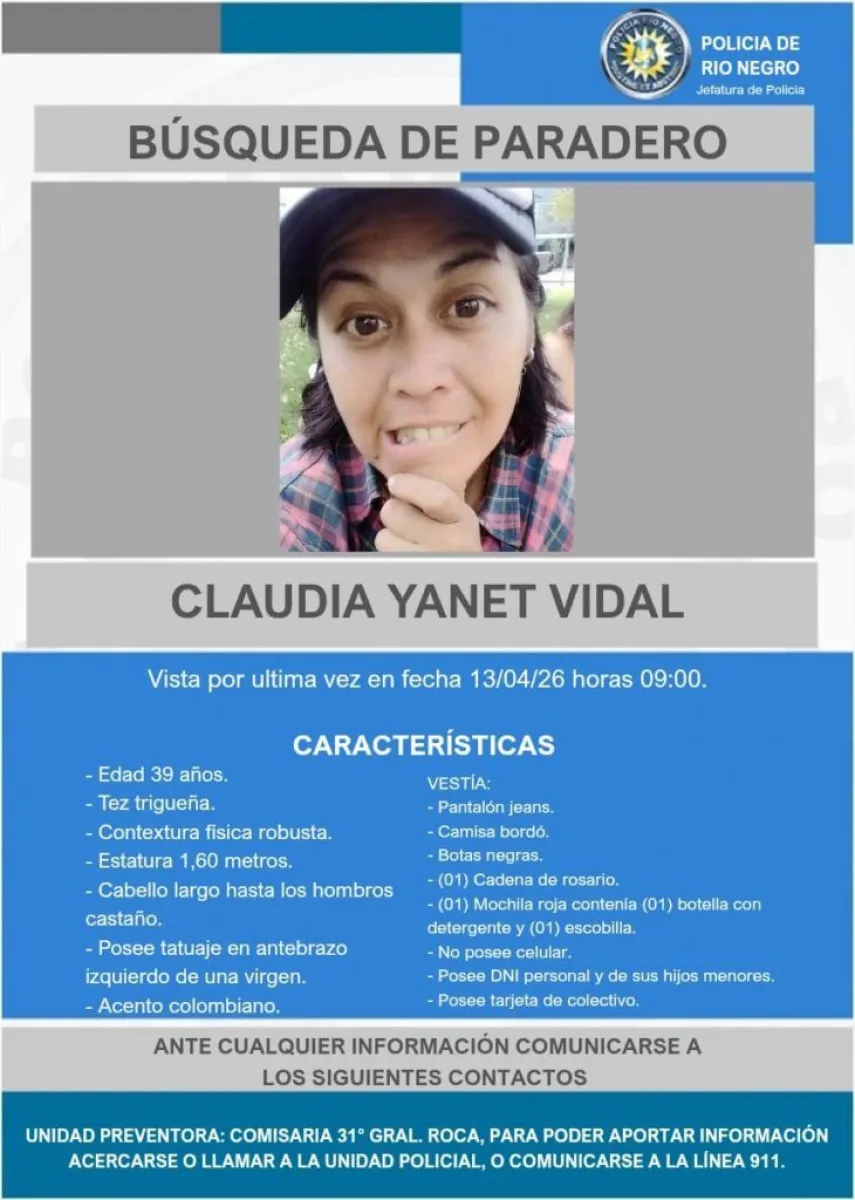 Claudia Yanet Vidal, la mujer que est&aacute; siendo buscada. Foto: Polic&iacute;a R&iacute;o Negro.