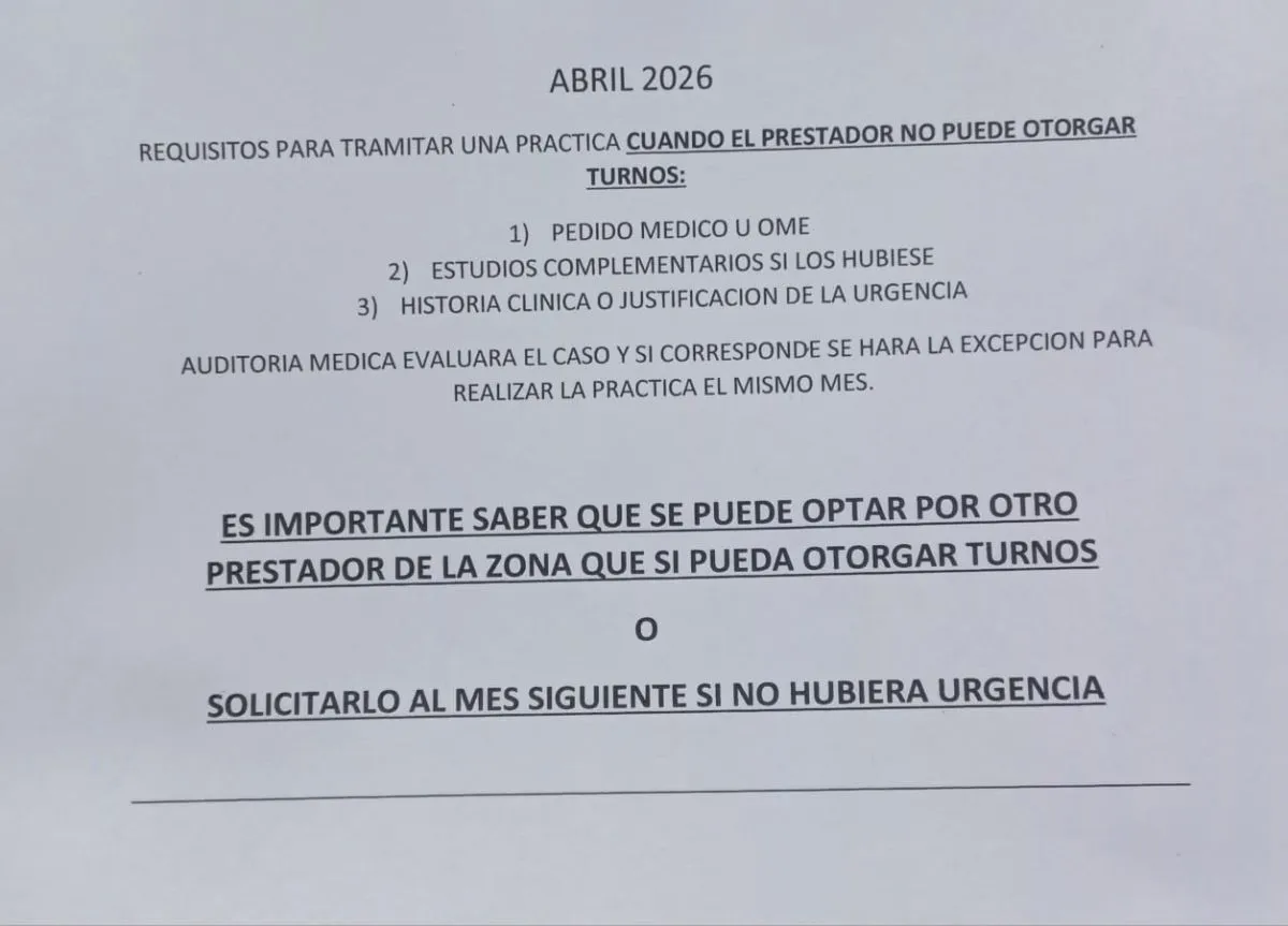 El aviso de la obra social ante la imposibilidad de acceder a un turno. 