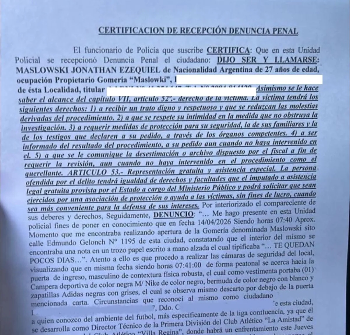 La denuncia que fue realizada en la comisar&iacute;a.