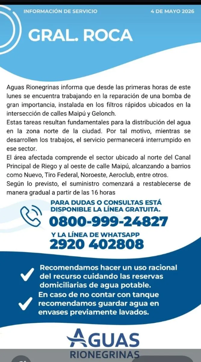 Corte de agua. Foto: ARSA
