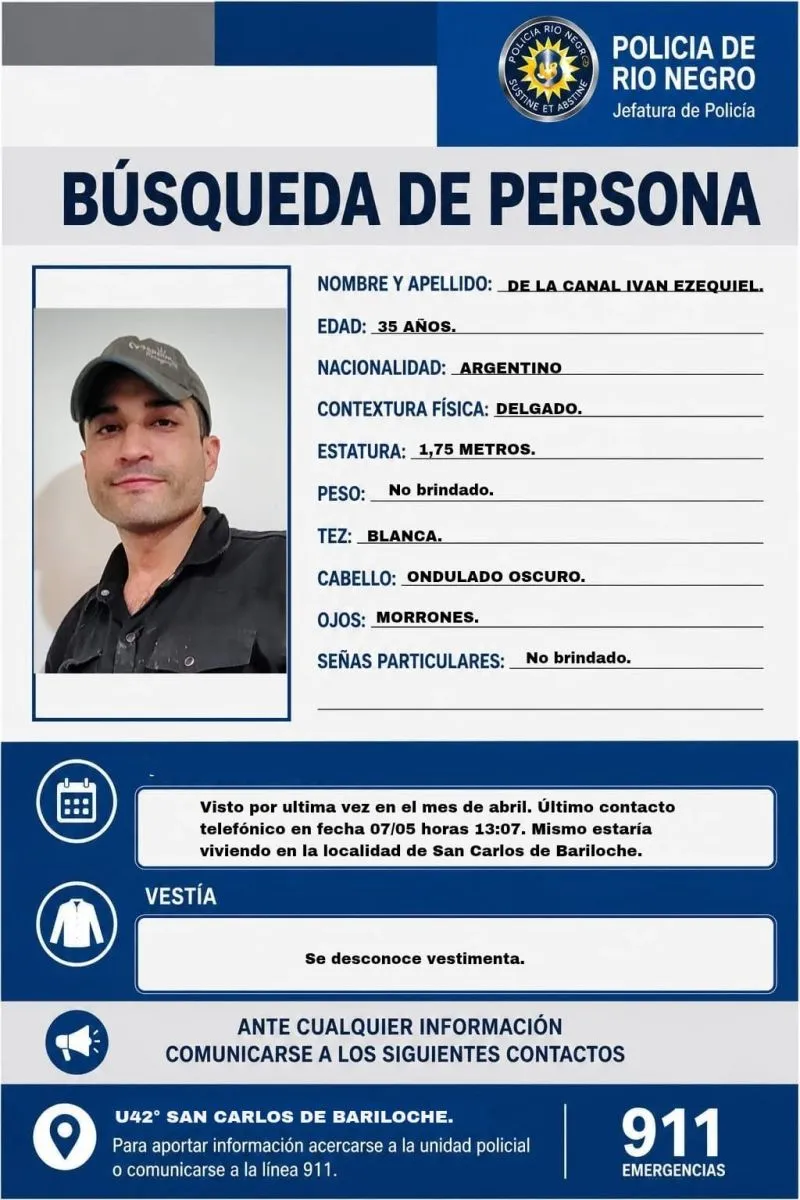 La Polic&iacute;a de R&iacute;o Negro difundi&oacute; la imagen y caracter&iacute;sticas f&iacute;sicas del hombre buscado. Foto: Polic&iacute;a de R&iacute;o Negro.