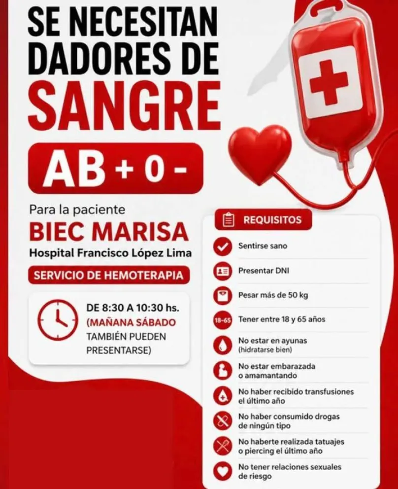 Pedido de sangre para Marisa Biec. Foto: gentileza