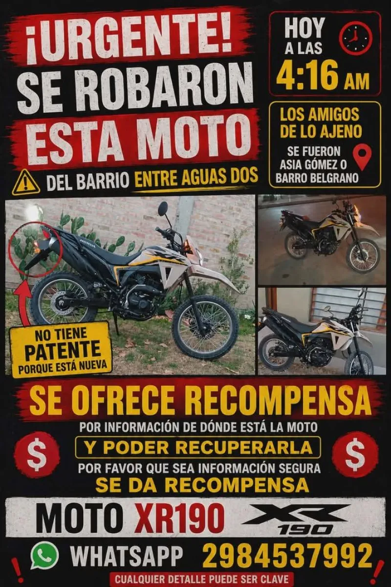 La Honda XR190 robada durante la madrugada todav&iacute;a no ten&iacute;a patente porque hab&iacute;a sido comprada recientemente. Sus due&ntilde;os difundieron im&aacute;genes y ofrecen recompensa para intentar recuperarla. Foto: gentileza.