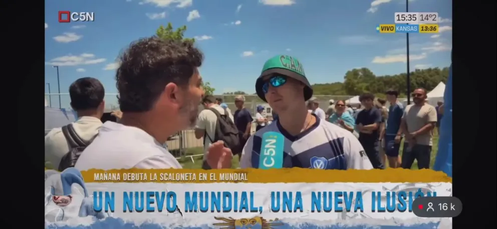 Agustín Godoy fue entrevistado por C5N en Kansas City mientras esperaba el debut de la Selección argentina en el Mundial 2026. Foto: Captura de video / C5N.