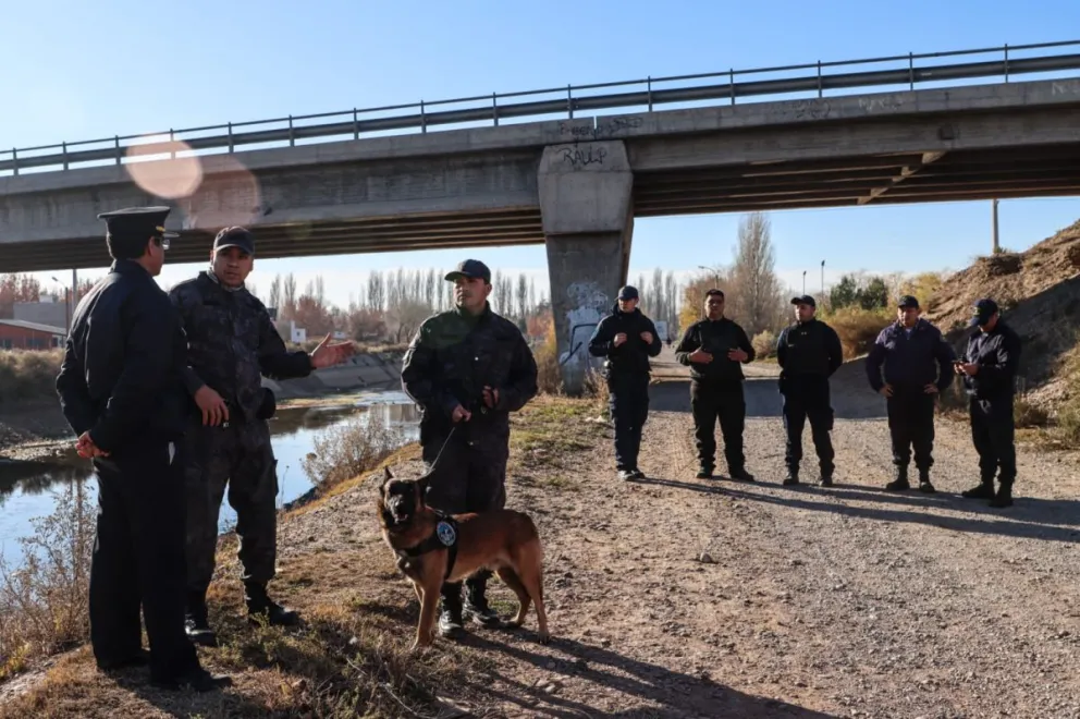Personal policial y la Sección Canes realizaron rastrillajes en el sector del Canal Grande, debajo de Ruta 6, como parte del operativo para intentar establecer el paradero de Axel Aguilar. Foto Tania Domenicucci-ANR