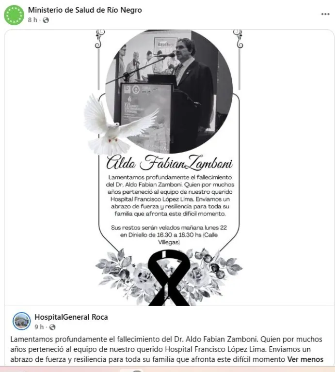 El Hospital L&oacute;pez Lima y el Ministerio de Salud expresaron su pesar por la muerte de Aldo Zamboni. Foto: gentileza.