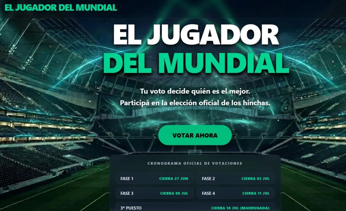 El Jugador del Mundial es una plataforma web creada en R&iacute;o Negro que propone elegir al mejor futbolista del torneo mediante votaci&oacute;n popular. Foto: captura de pantalla.