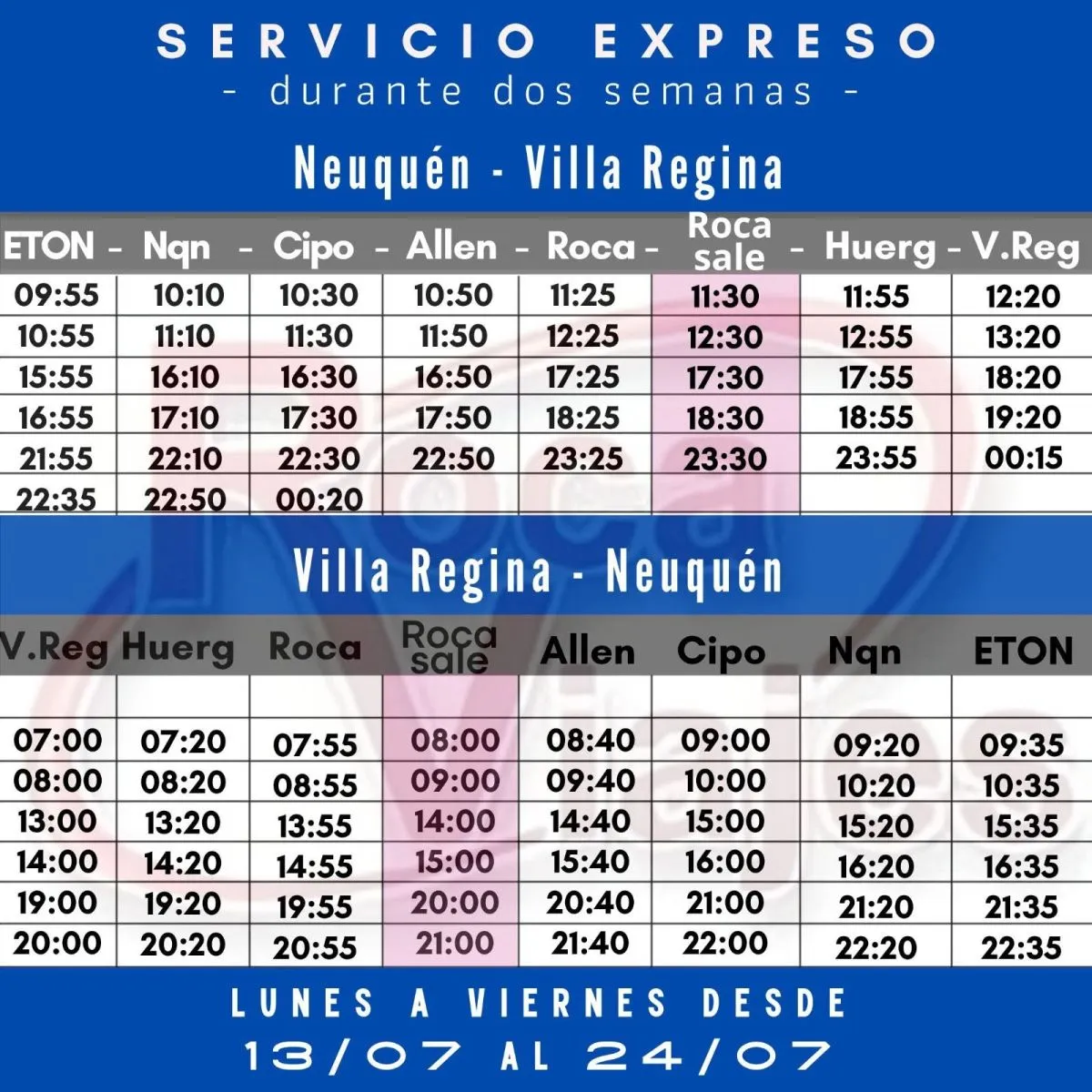Los horarios del servicio expreso durante dos semanas.