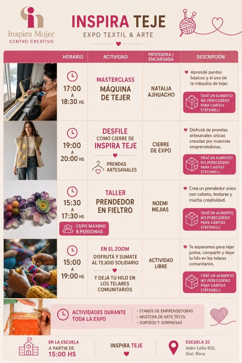 Inspira Teje reunir&aacute; este s&aacute;bado talleres, una muestra de arte textil, tejido solidario, stands de emprendedoras y un desfile de prendas artesanales en la Escuela N&deg; 32.