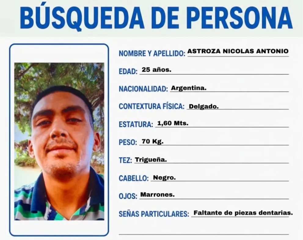 Polic&iacute;a de R&iacute;o Negro difundi&oacute; un pedido de colaboraci&oacute;n para dar con el paradero de Nicol&aacute;s Antonio Astroza