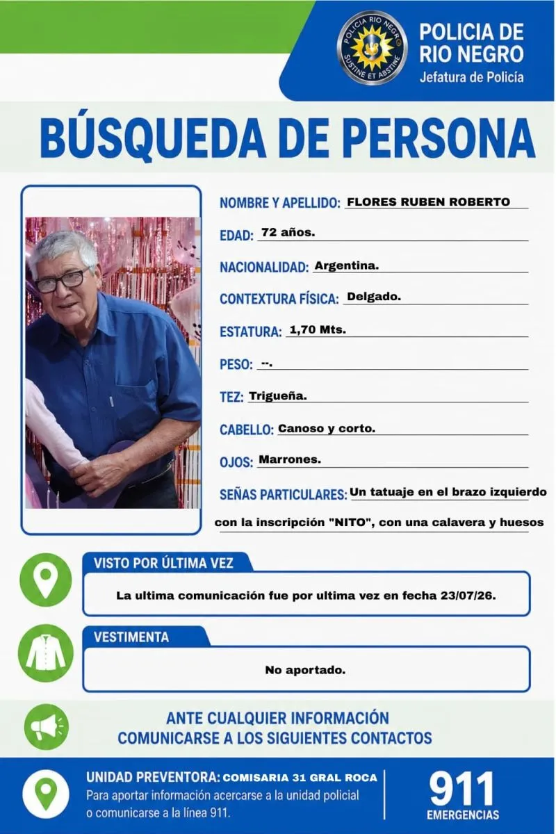 La Polic&iacute;a de R&iacute;o Negro inici&oacute; la b&uacute;squeda de Rub&eacute;n Roberto Flores, de 72 a&ntilde;os