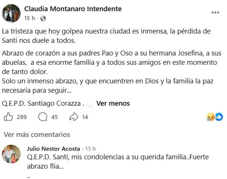 La intendenta de Cervantes despidi&oacute; al joven en sus redes sociales. Foto: redes