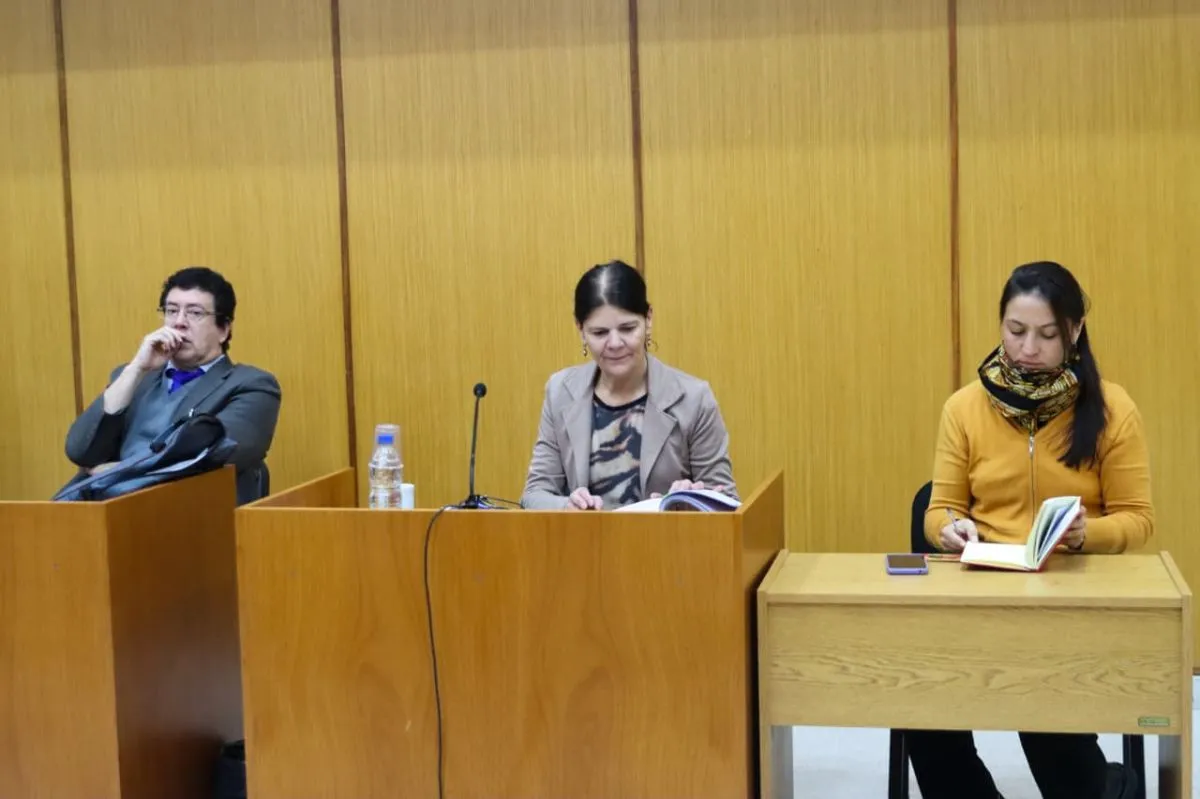 La fiscal Julieta Villa y el defensor oficial Luis Carrera durante la audiencia realizada en los tribunales de Roca. Foto: Tania Domenicucci.
