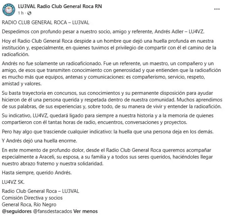 El Radio Club General Roca despidi&oacute; a Andr&eacute;s Adler, socio y referente de la instituci&oacute;n durante d&eacute;cadas. Foto: Radio Club General Roca