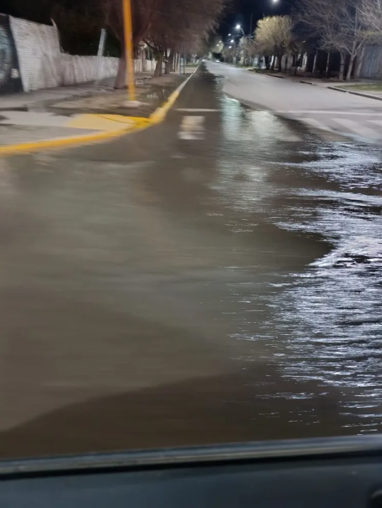El agua se extendió por calle Santa Cruz a raíz de la rotura de una cañería en la zona norte de Roca. Foto: ANR.