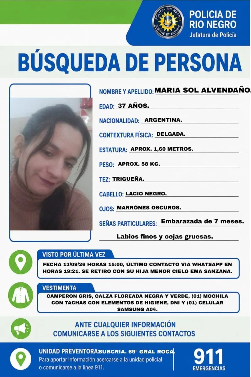La Polic&iacute;a difundi&oacute; el pedido de b&uacute;squeda de Mar&iacute;a Sol Alvenda&ntilde;o, de 37 a&ntilde;os y embarazada de siete meses. Foto: Polic&iacute;a de R&iacute;o Negro.