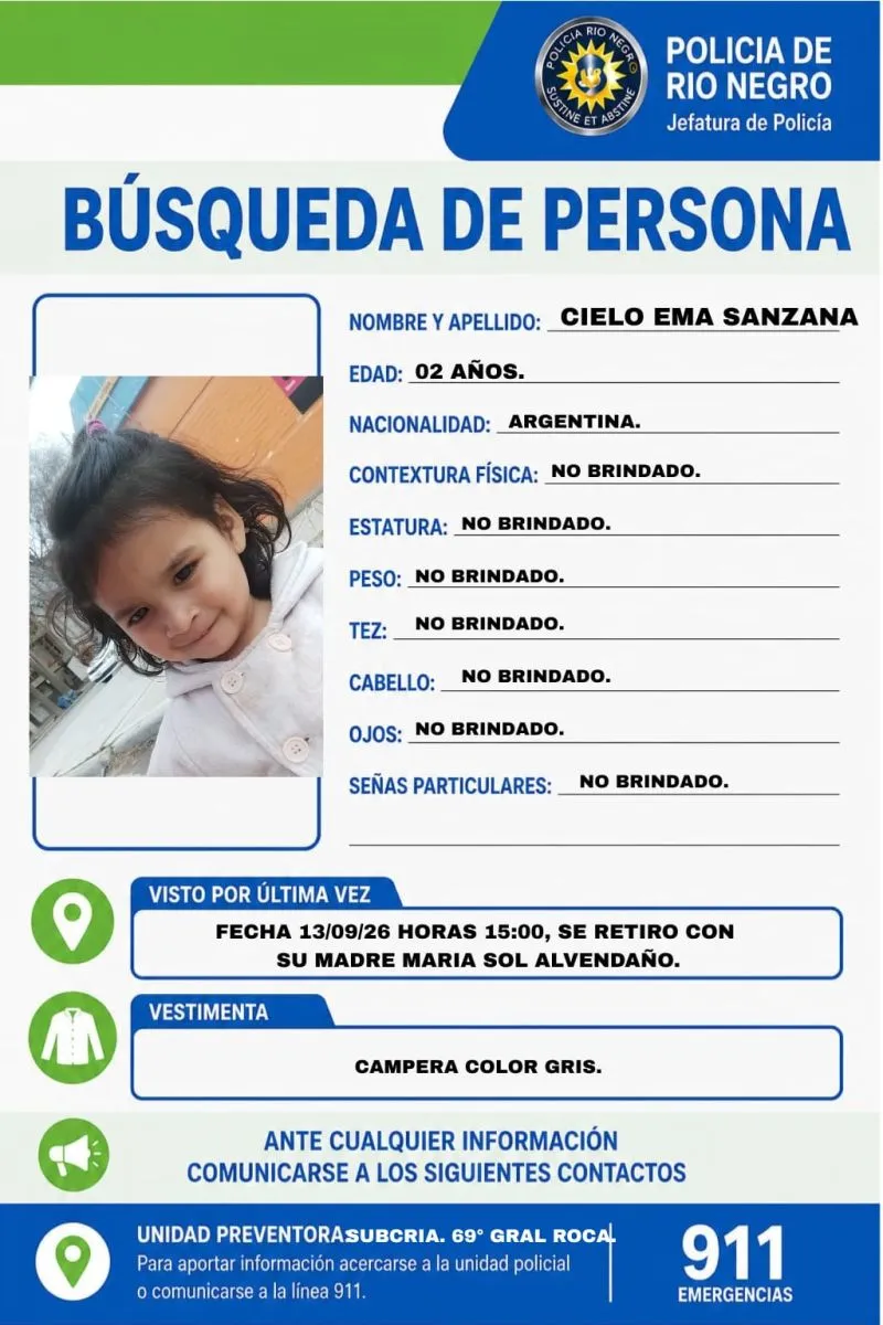 La Polic&iacute;a tambi&eacute;n difundi&oacute; el pedido de b&uacute;squeda de Cielo Ema Sanzana, de 2 a&ntilde;os, quien se retir&oacute; junto a su madre el domingo 13. Foto: Polic&iacute;a de R&iacute;o Negro.