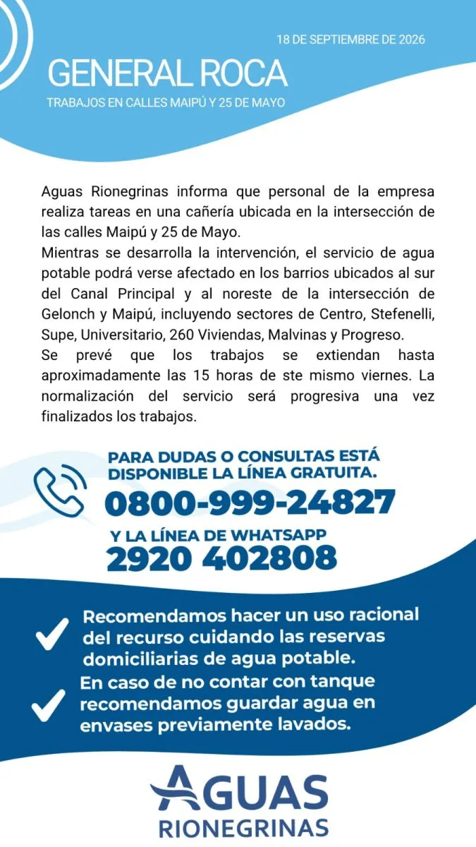 Aguas Rionegrinas inform&oacute; que los trabajos se extender&aacute;n hasta aproximadamente las 15. Foto: gentileza.