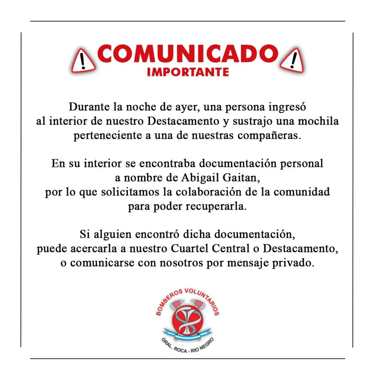 Bomberos difundi&oacute; el pedido de colaboraci&oacute;n para recuperar la documentaci&oacute;n. Foto: Bomberos Voluntarios de Roca