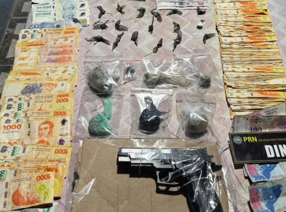 La Policía secuestró cocaína, marihuana fraccionada, una réplica de aire comprimido y municiones durante el allanamiento en Barrio Nuevo. Foto: Policía de Río Negro.
