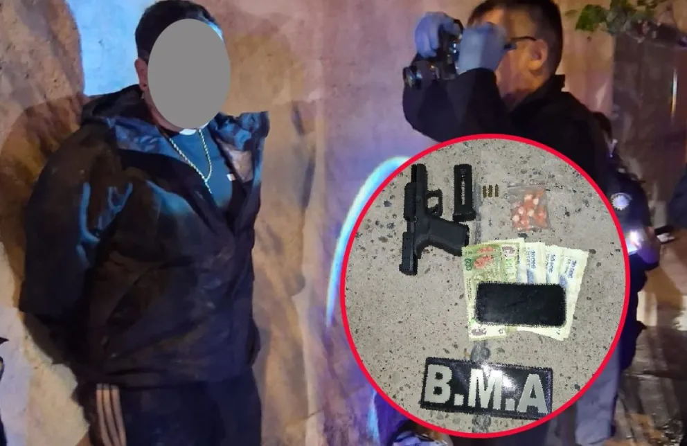 Durante el procedimiento, la Policía secuestró una pistola calibre 22 con tres municiones y un envoltorio con cocaína. Foto: Policía de Río Negro.